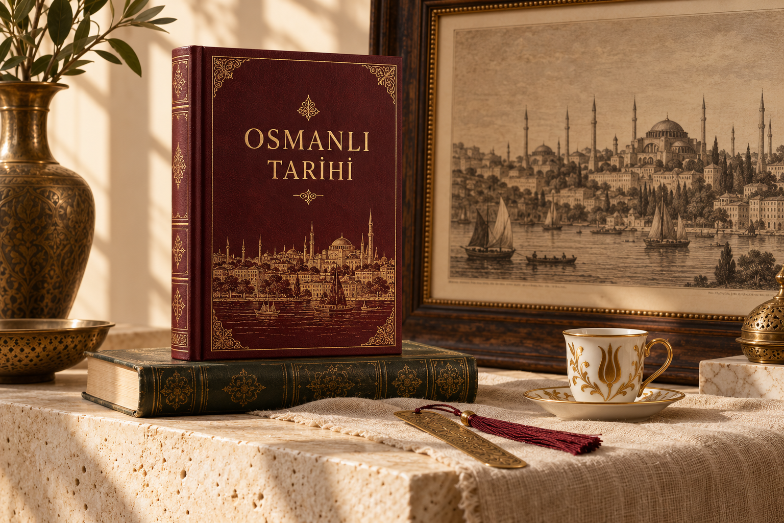 Bordo tarih kitabı, İstanbul gravürü, lale motifli fincan ve kitap ayracından oluşan örnek ürün seçkisi